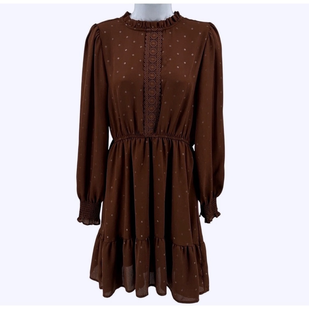 Sweet Wanderer Brown Gold Metallic Polka Dot Dress Sz M Lace Ruffle Mini TB7318